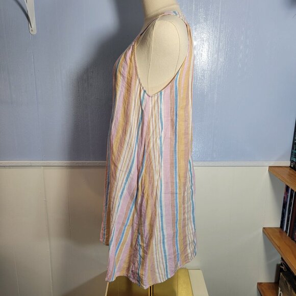 C&C California Medium Pastel Pink Blue Striped Round Neck Sleeveless Linen Dress - Picture 3 of 10